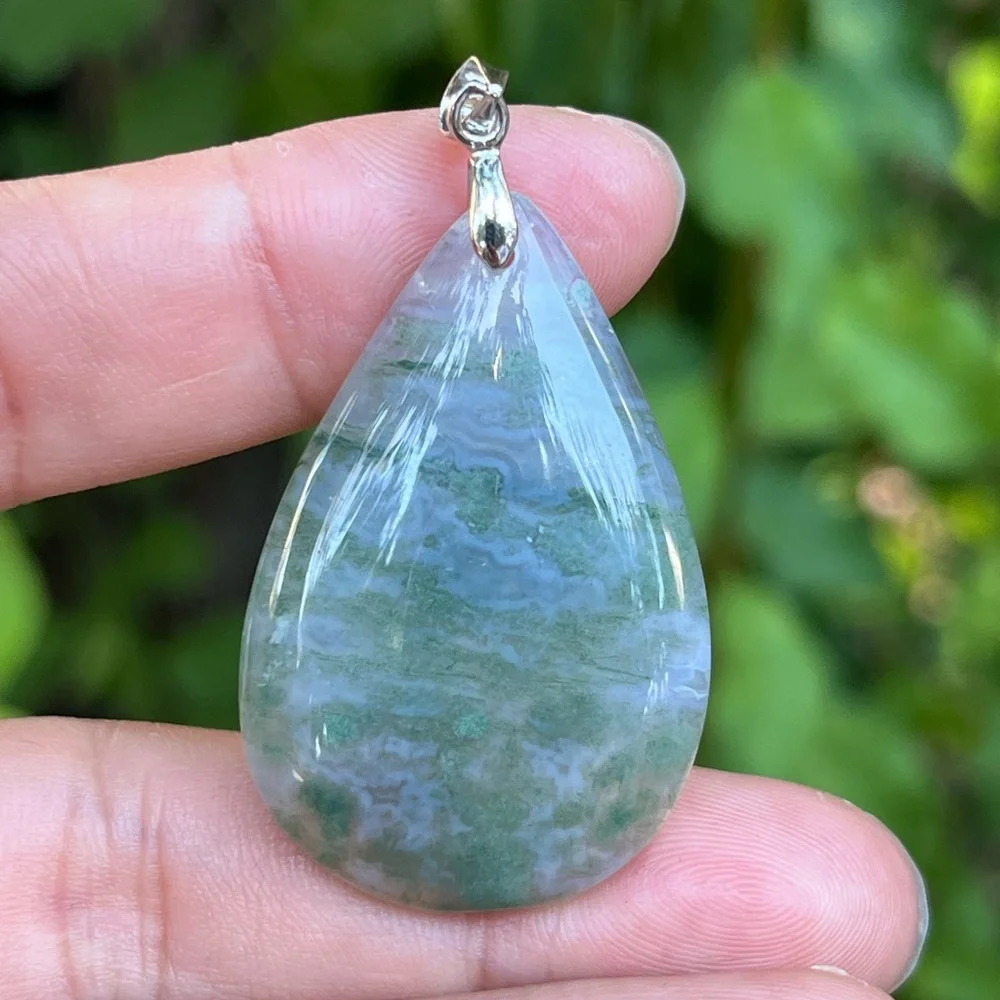 Sterling silver 925 stamped teardrop moss agate pendant‎